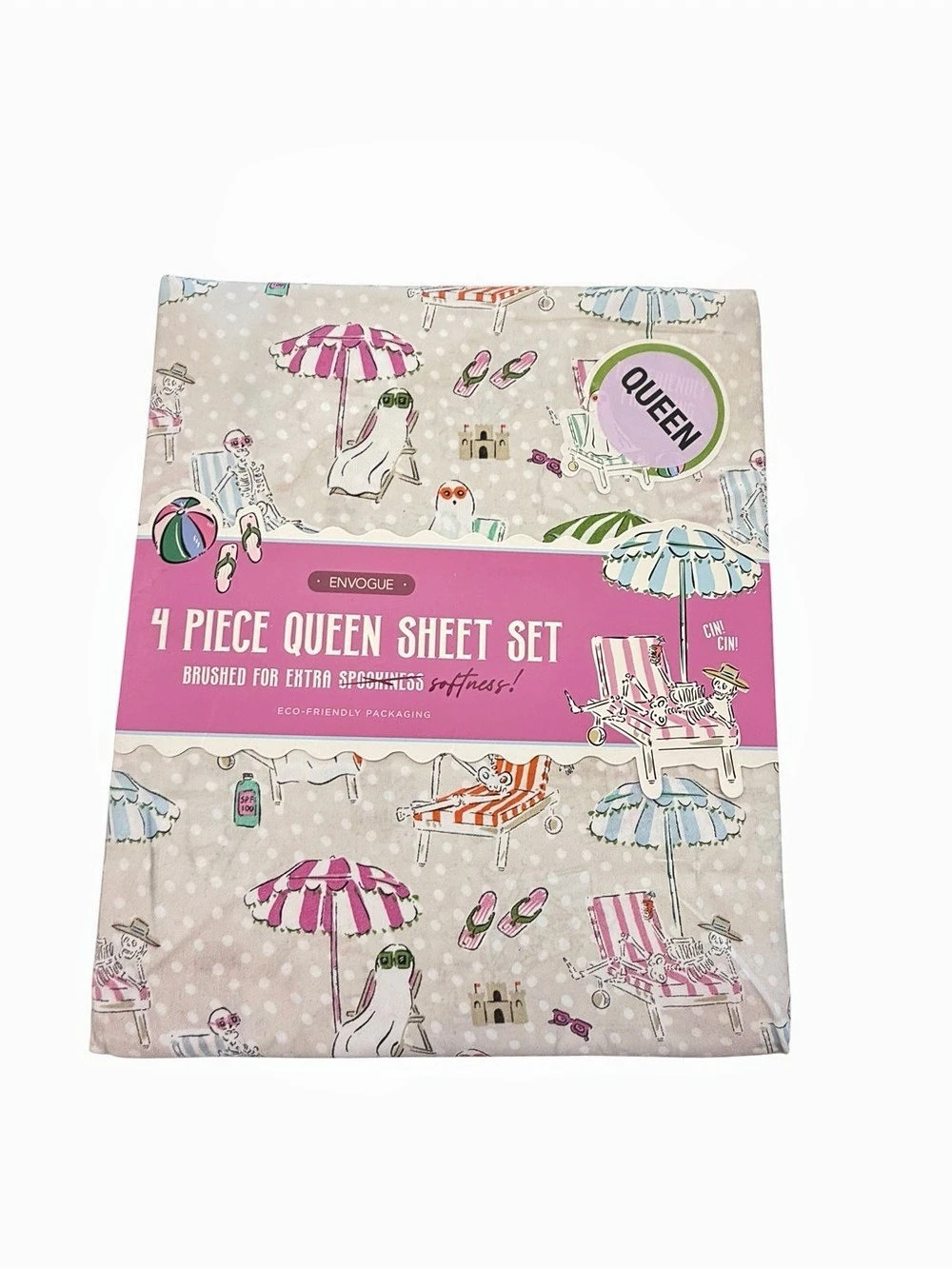 Envogue Queen Sheet Set Ghosts Skeletons Halloween Fall Beach 4 Pc Brushed Soft